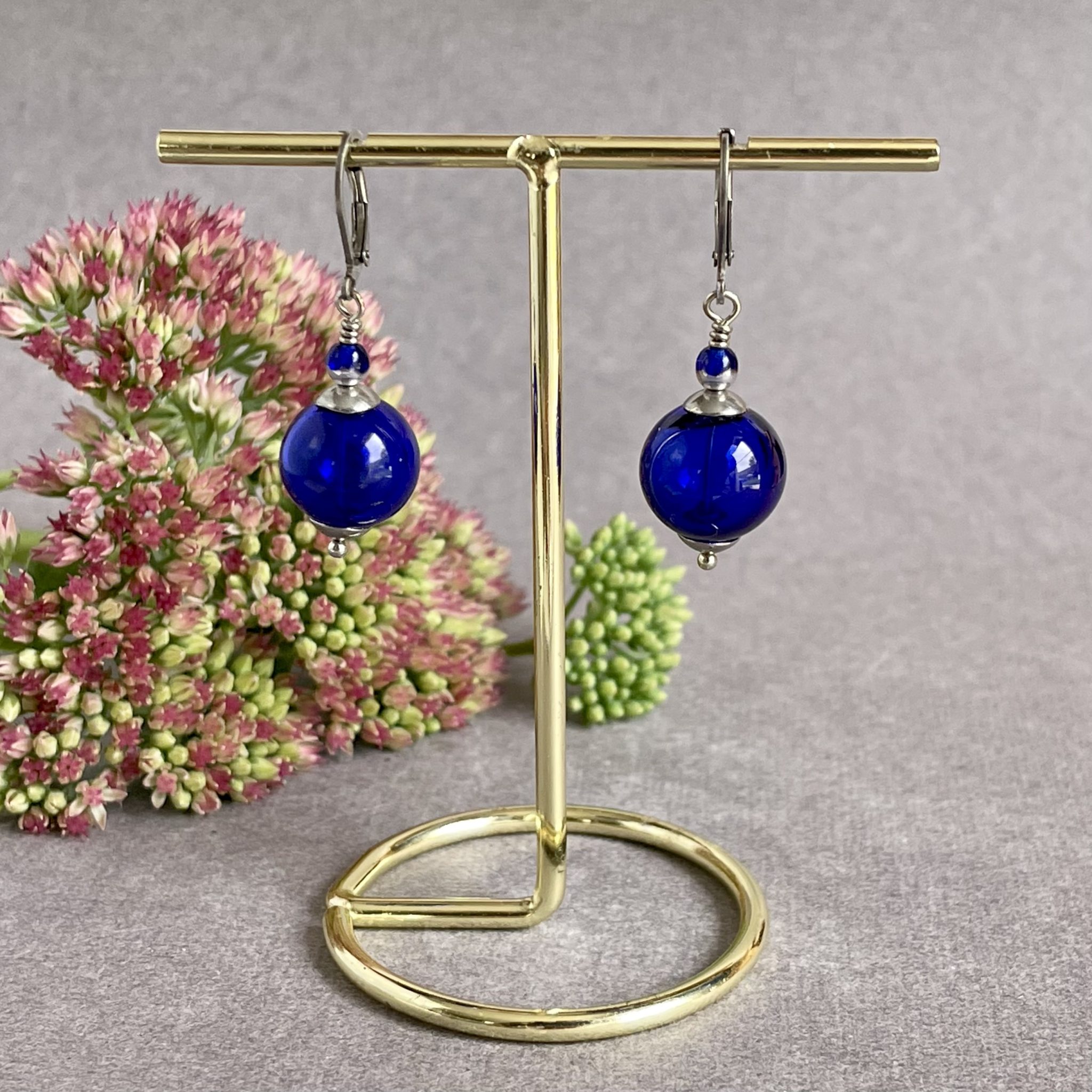 Dark Blue blown glass lampwork earrings, Christmas Gift for women, blue bubble statement earrings, sphere earrings, party earrings