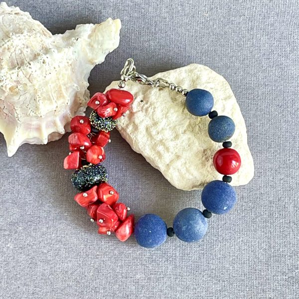 Red blue coral bracelet for women, Blue stone jewelry, Artisan handmade jewelry, sea marin jewelry, Christmas women gift
