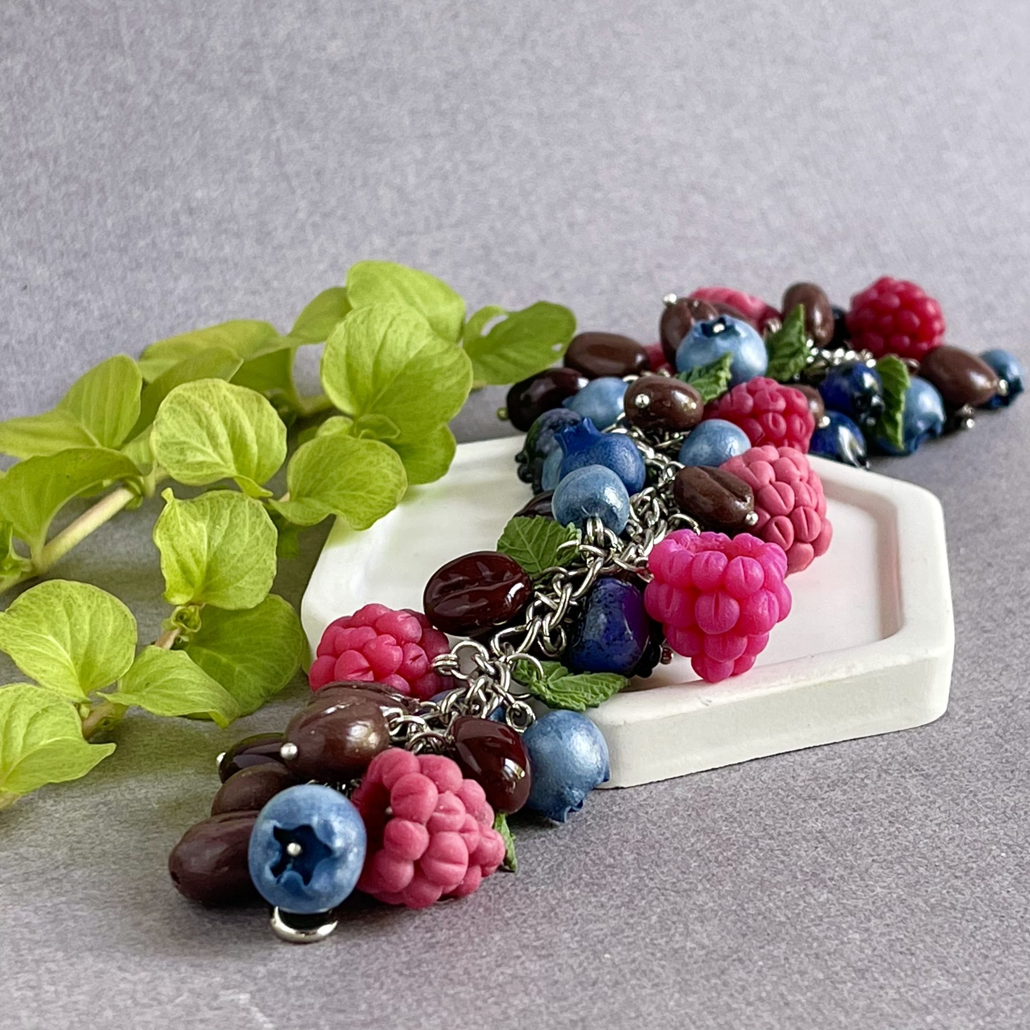 Berry bracelet, fruity summer decorations with blueberries, raspberries, strawberries, Christmas gift