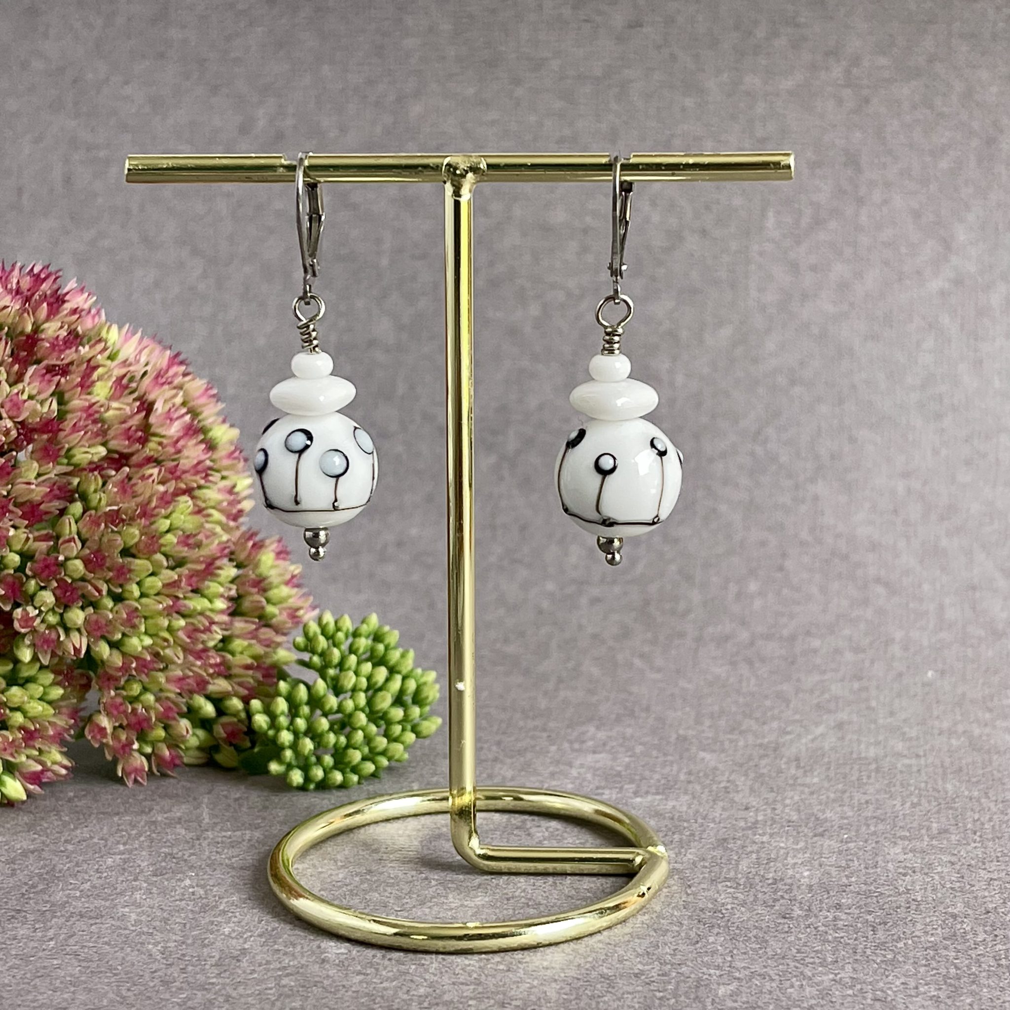 White lampwork glass earrings, Minimalist glass earrings, Christmas Gift for here, Statement earrings, modern jewelry