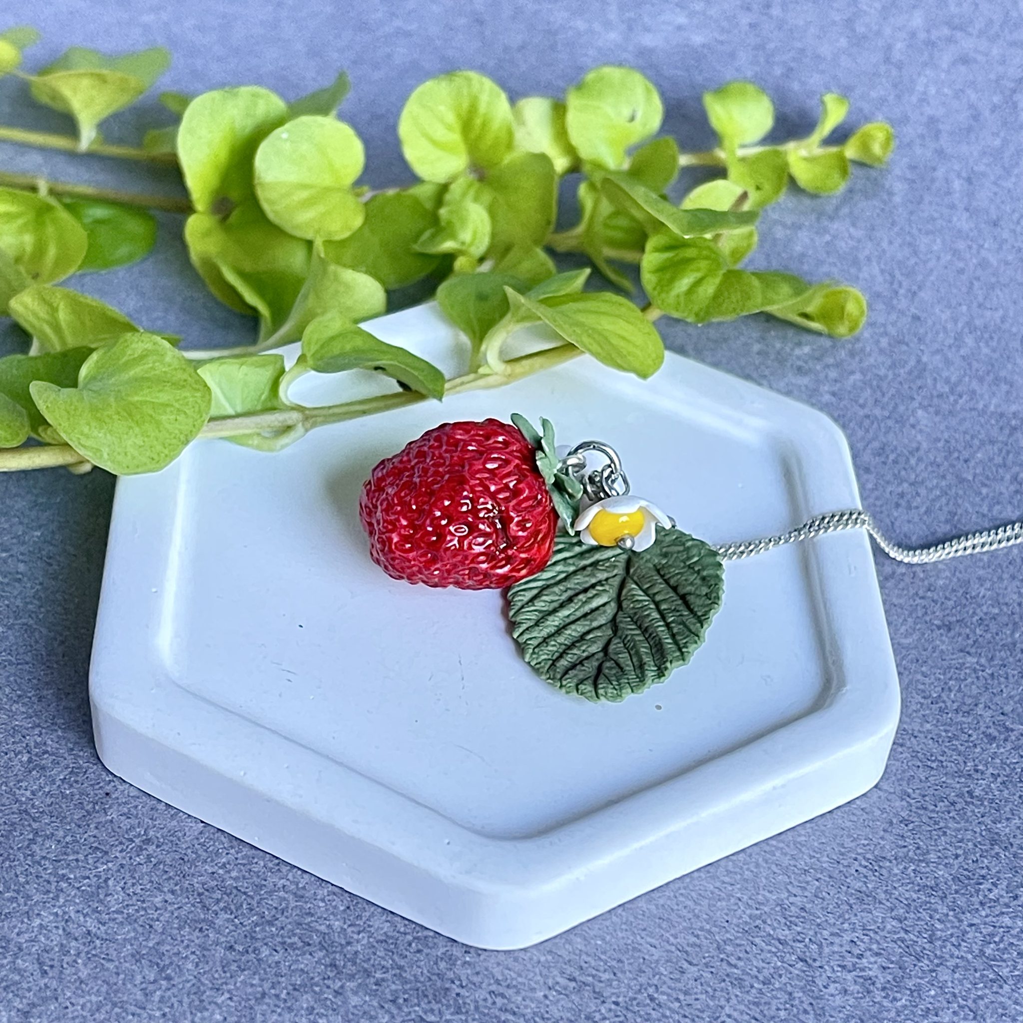 Handcrafted Strawberry Pendant - Realistic Polymer Clay Fruit Necklace