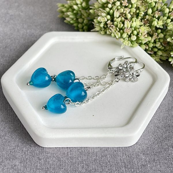 Mini blue heart glass earrings Threader steel 304 earrings, Modern jewelry, Minimalistic Earrings, Long earrings, red ear threads