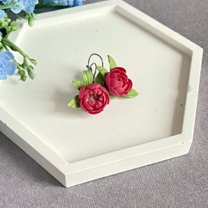 Red Peony floral statement earrings Botanical Handcrafted clay jewelry Garden miniature nature earrings Realistic flower earrings Women Gift
