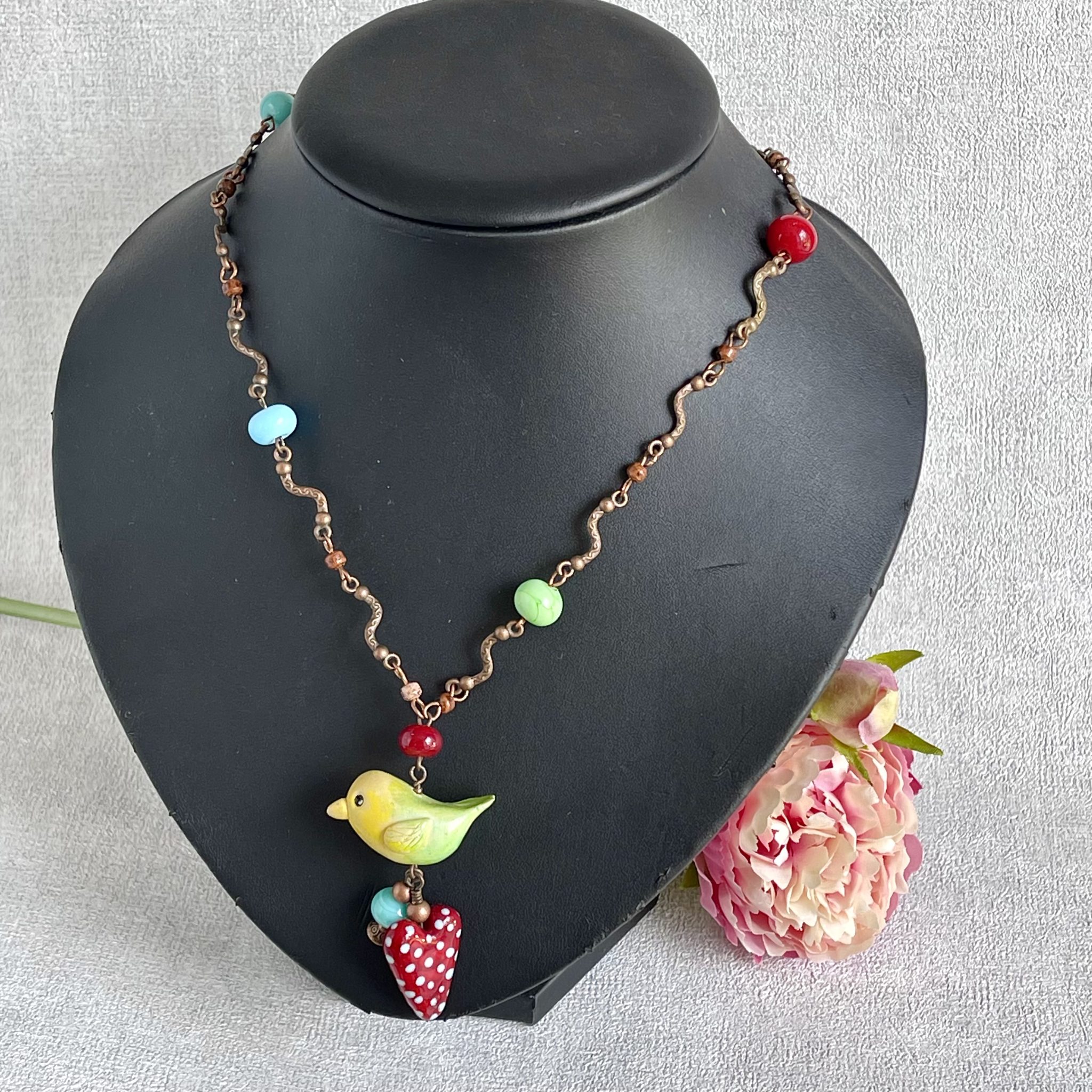 Polymer clay rustic bird and glass heart necklace for girl - Hand Crafted OOAK jewelry