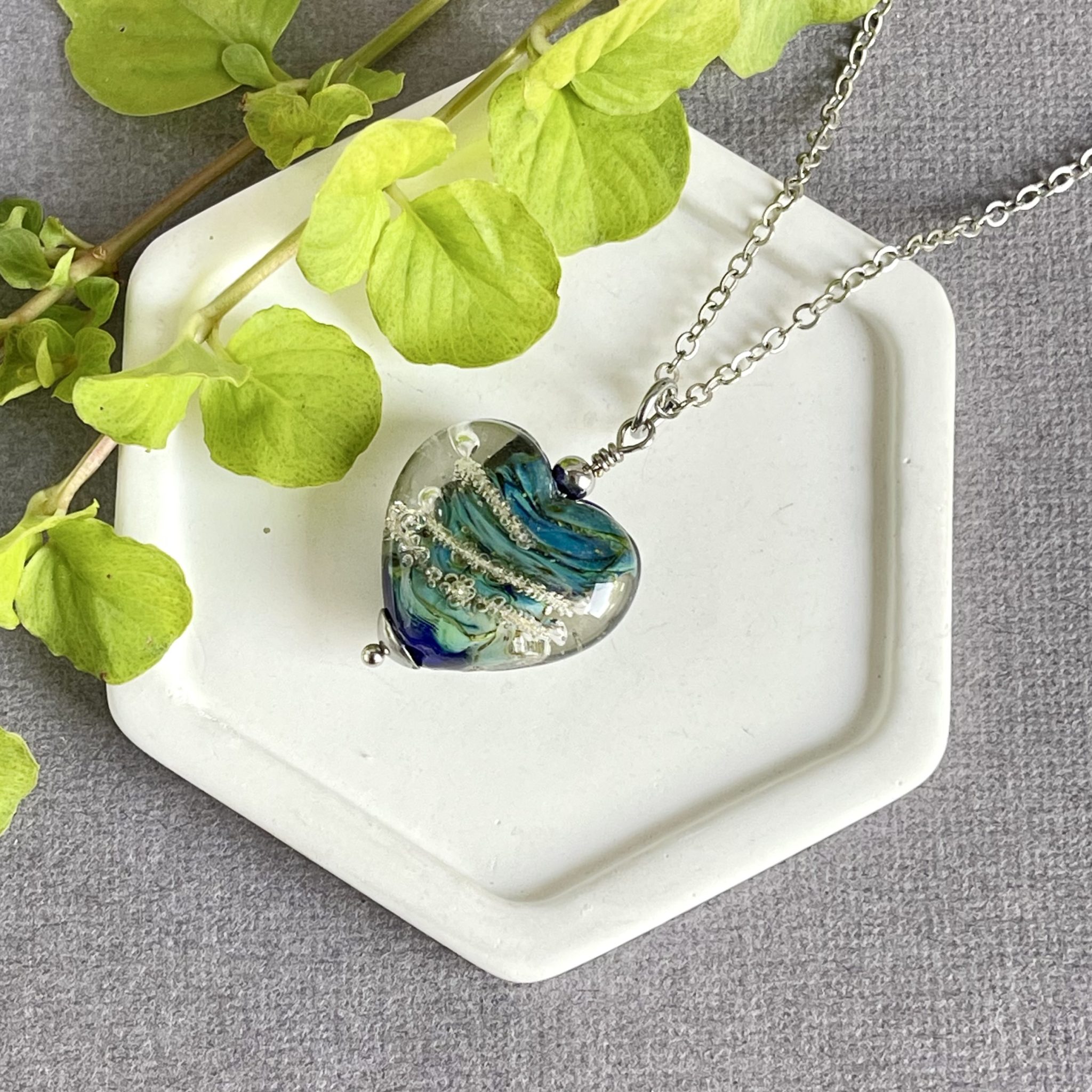Lampwork Sea Glass heart necklace, Wave Necklace, Ocean Necklace, Wedding Jewelry, Christmas Gift