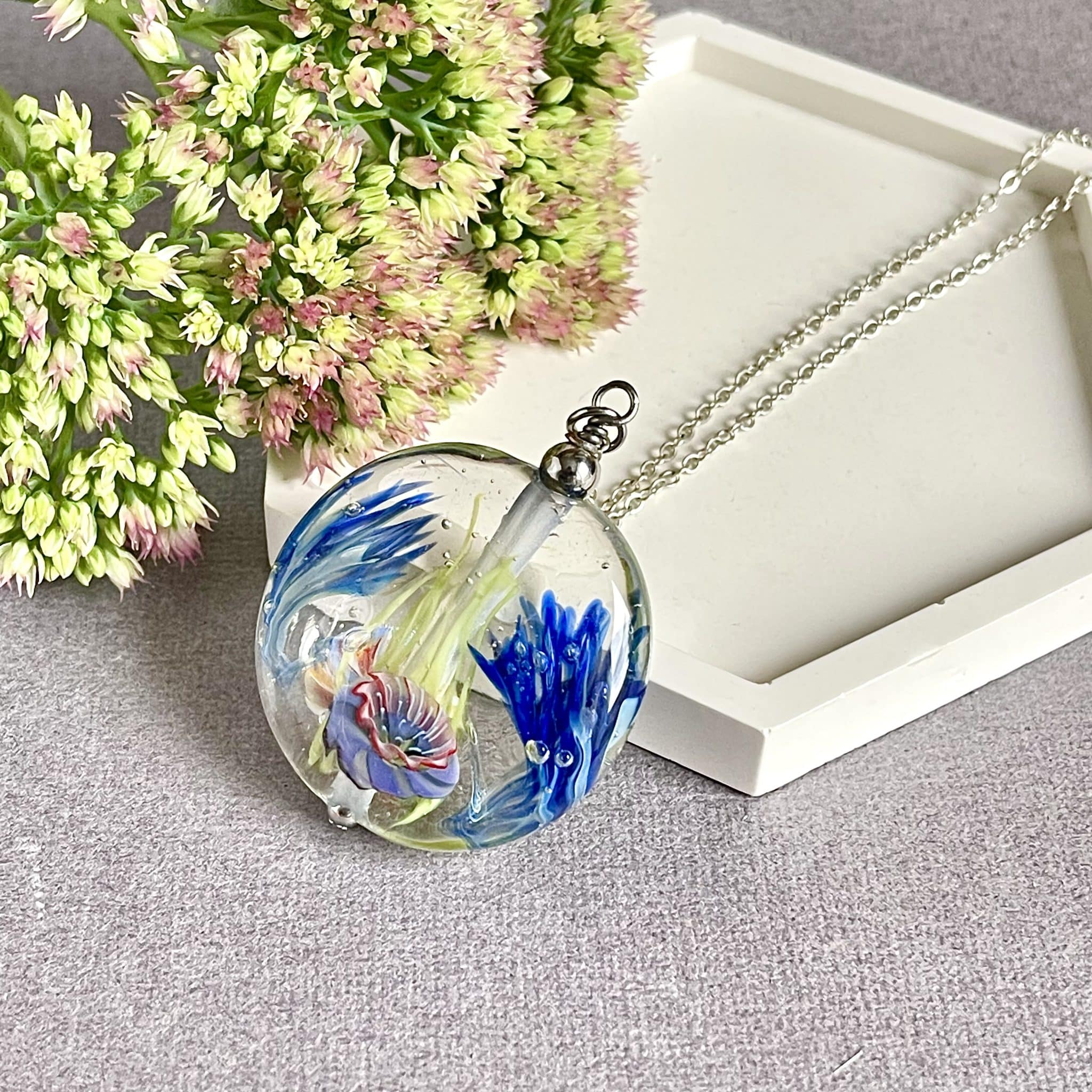 Flower lampwork glass pendant, Unique floral jewelry, earthy jewelry, exclusive design, mothers Day gift, Christmas gift for women